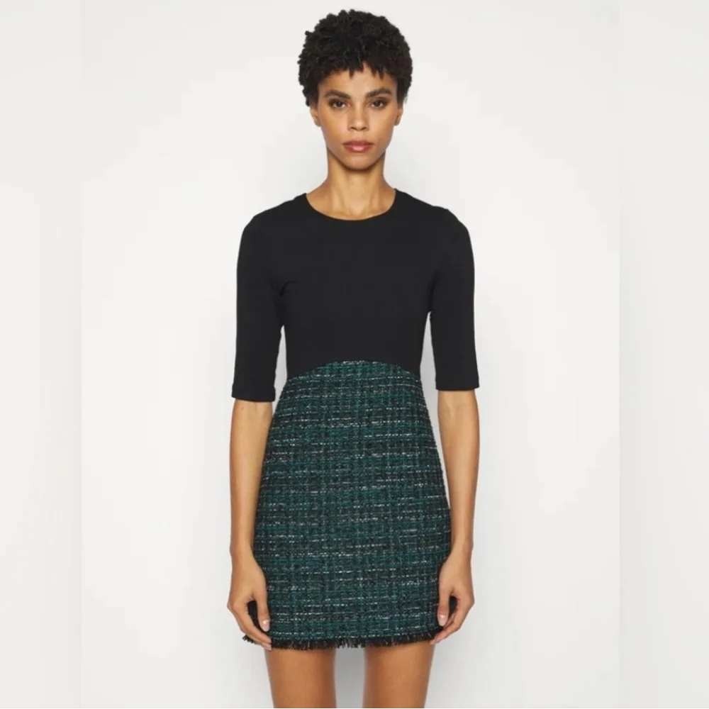 Maje Rizelda Black Green Tweed Mixed Media Dress 3/4 Sleeve Size 34 XS